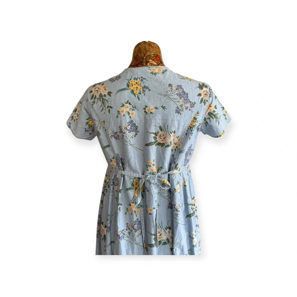 Lizwear dress long blue yellow floral short sleeve button front tie back - Picture 5 of 11